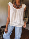 Oatmeal Eylet Lace Trim Button Detail Blouse
