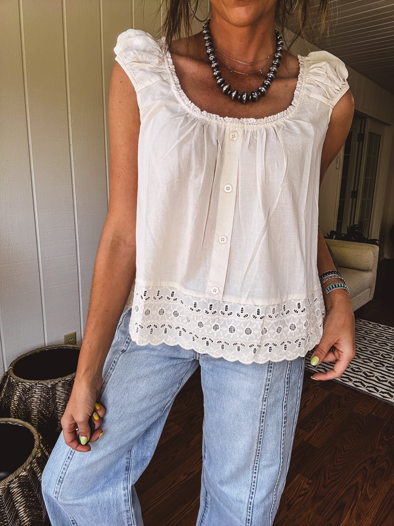 Oatmeal Eylet Lace Trim Button Detail Blouse