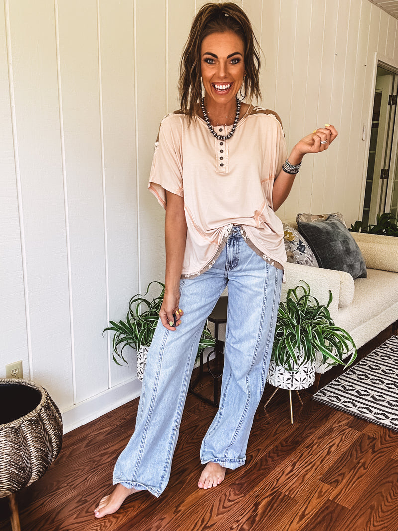 Almond Jersey Dolman with Crochet Shoulder Detail