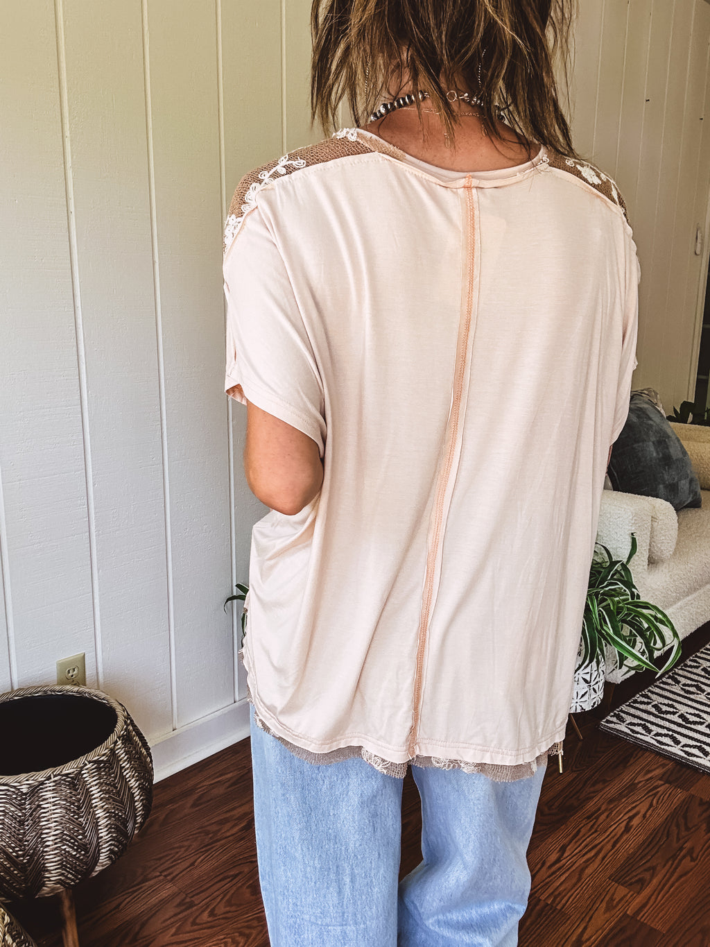 Almond Jersey Dolman with Crochet Shoulder Detail