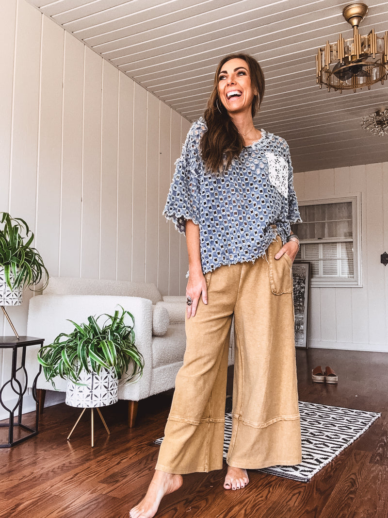 Washed Wide Leg Terry Knit Pant