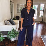 Dark Denim Button Down Lapel Collared Top