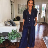 Dark Denim Western Style Button Front Pants