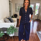 Dark Denim Button Down Lapel Collared Top