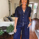 Dark Denim Button Down Lapel Collared Top