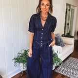 Dark Denim Button Down Lapel Collared Top