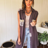 Charcoal Vintage Wash Crochet Back Long Vest
