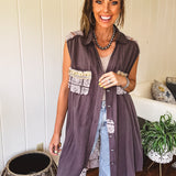 Charcoal Vintage Wash Crochet Back Long Vest