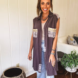 Charcoal Vintage Wash Crochet Back Long Vest