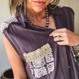 Charcoal Vintage Wash Crochet Back Long Vest