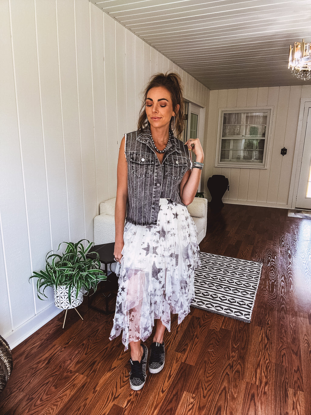 Washed Black Denim Rhinestone Vest