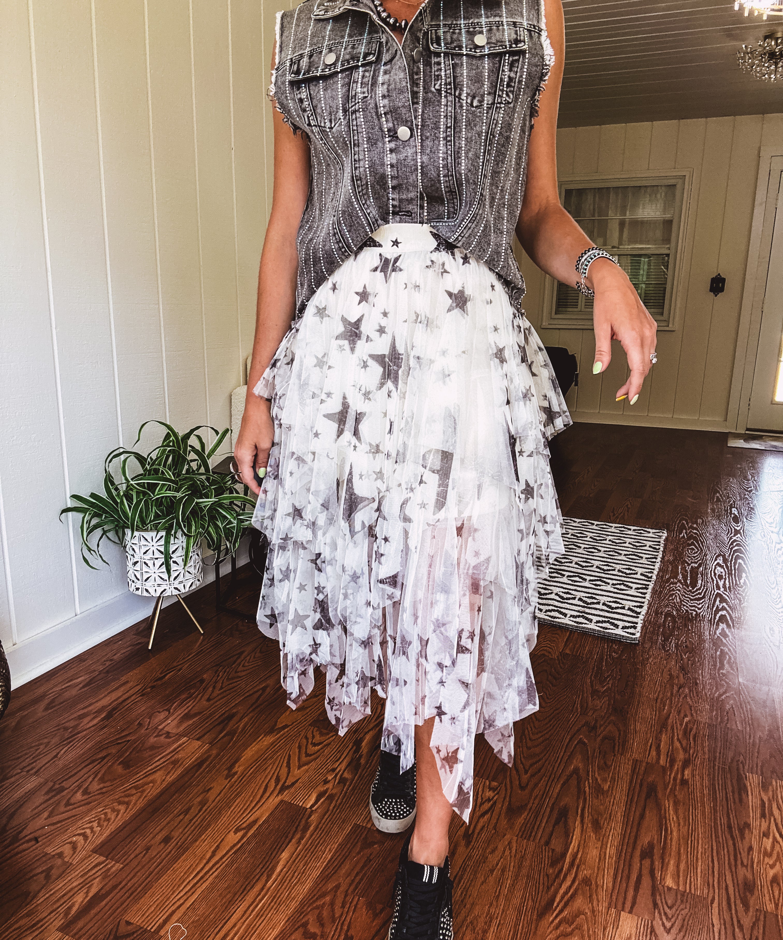 Black Star Printed Mesh Skirt
