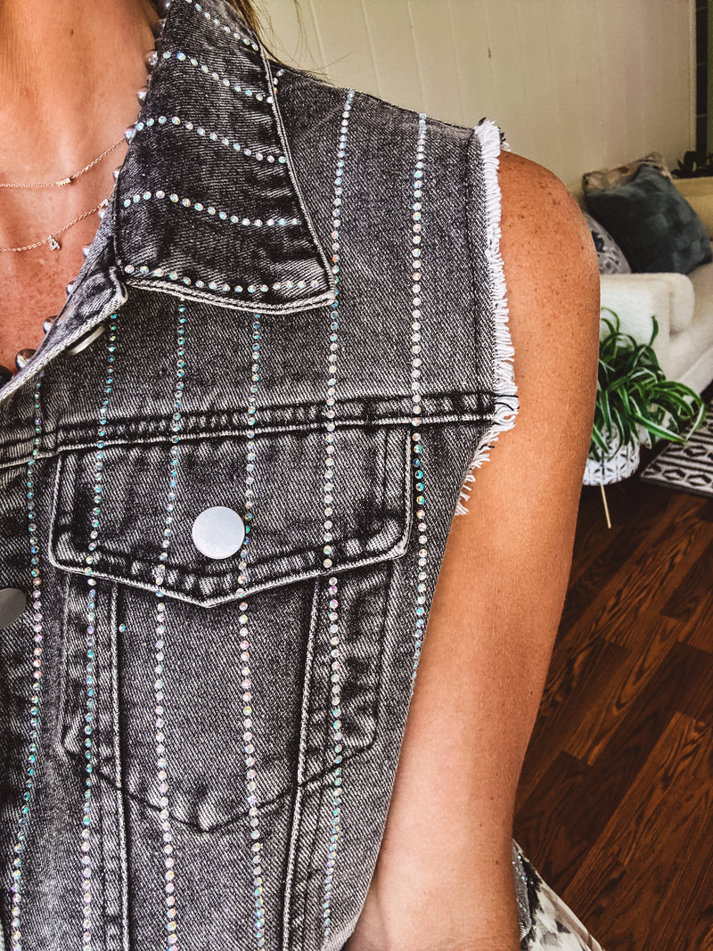 Washed Black Denim Rhinestone Vest