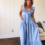 Chambray Ruffle Luxe Tiered Maxi