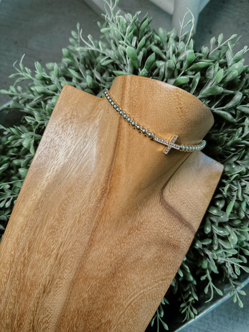 Pave Cross with Gold Bead Bracelet