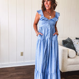Chambray Ruffle Luxe Tiered Maxi