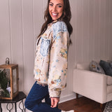 Chic Boho Jacquard Floral Jacket with Denim Contrast