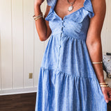 Chambray Ruffle Luxe Tiered Maxi