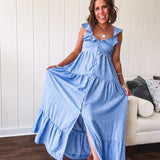 Chambray Ruffle Luxe Tiered Maxi
