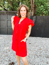 Red Flutter Accent V Neck Dress