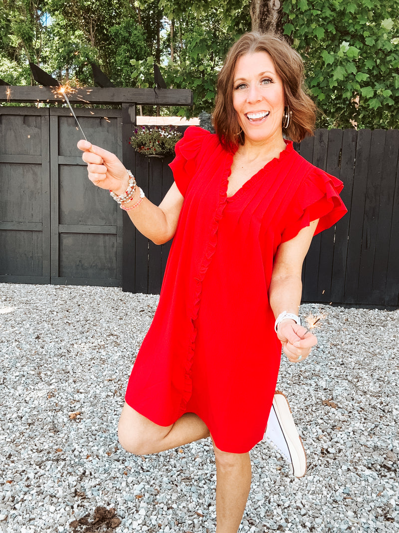 Red Flutter Accent V Neck Dress