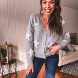 Grey + Ivory Puff Star Embroidered Cardigan