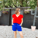 Red Flutter Sleeve V Neck