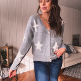 Grey + Ivory Puff Star Embroidered Cardigan