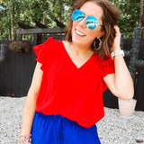 Red Flutter Sleeve V Neck