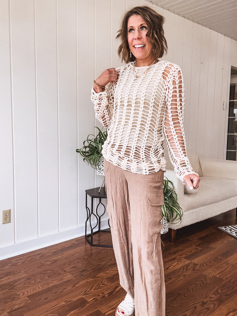 Oatmeal Open Knit Long Sleeve Crochet Sweater
