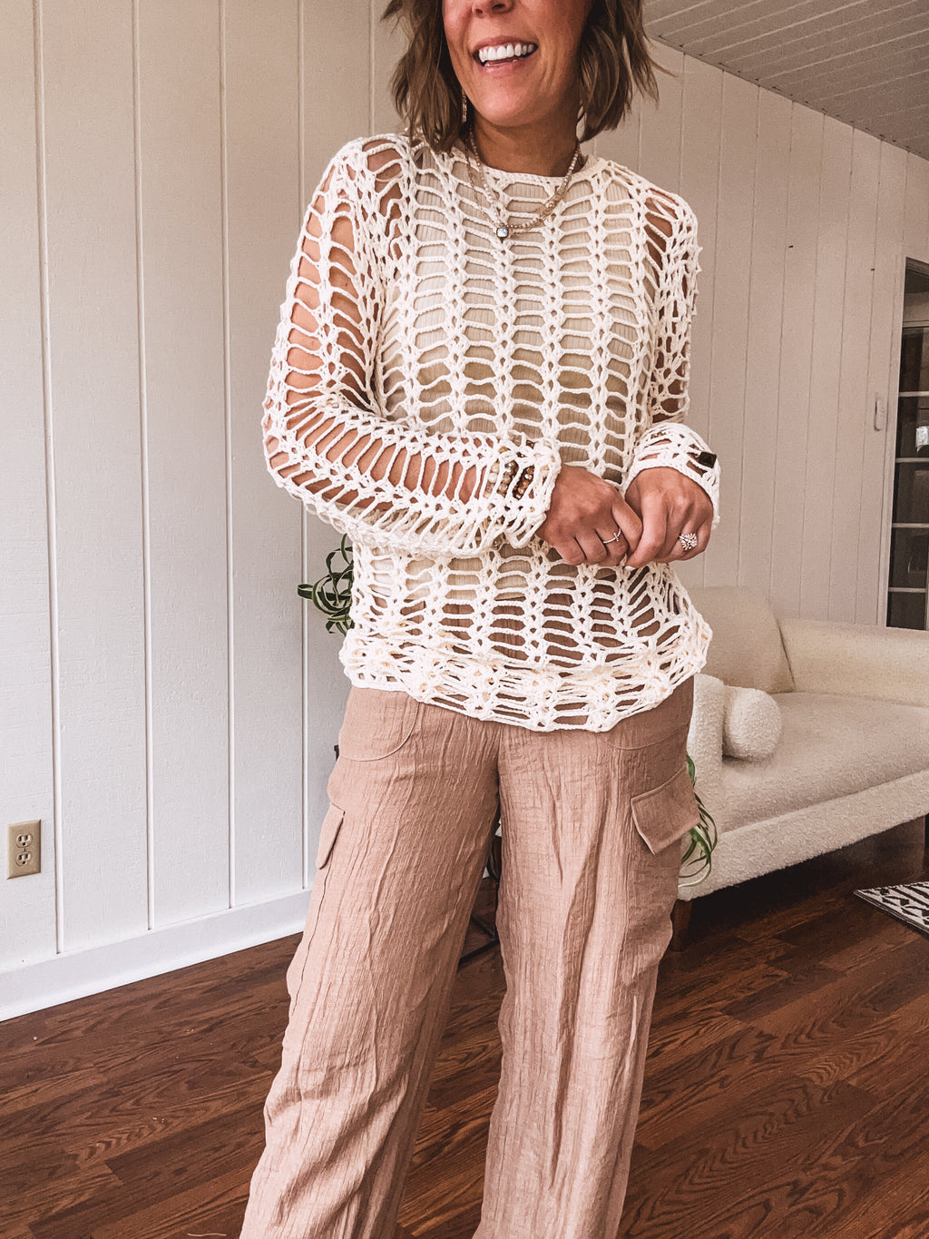 Oatmeal Open Knit Long Sleeve Crochet Sweater