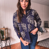 Navy Botanical Button Down Long Sleeve
