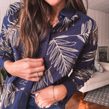 Navy Botanical Button Down Long Sleeve