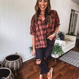 Dolman Cut Flannel 3/4 Sleeve Button Up