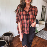 Dolman Cut Flannel 3/4 Sleeve Button Up