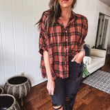 Dolman Cut Flannel 3/4 Sleeve Button Up