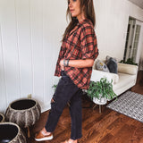 Dolman Cut Flannel 3/4 Sleeve Button Up