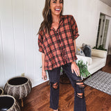 Dolman Cut Flannel 3/4 Sleeve Button Up