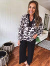 Black & Taupe Floral Blouse with Yoke Trim