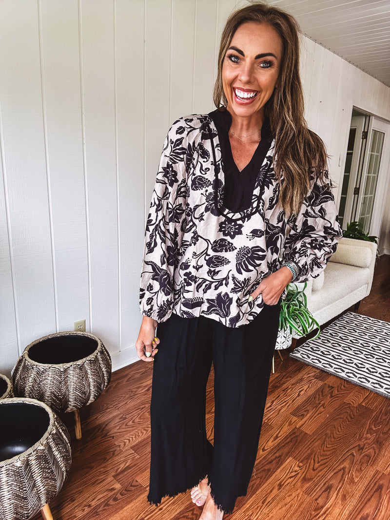 Black & Taupe Floral Blouse with Yoke Trim