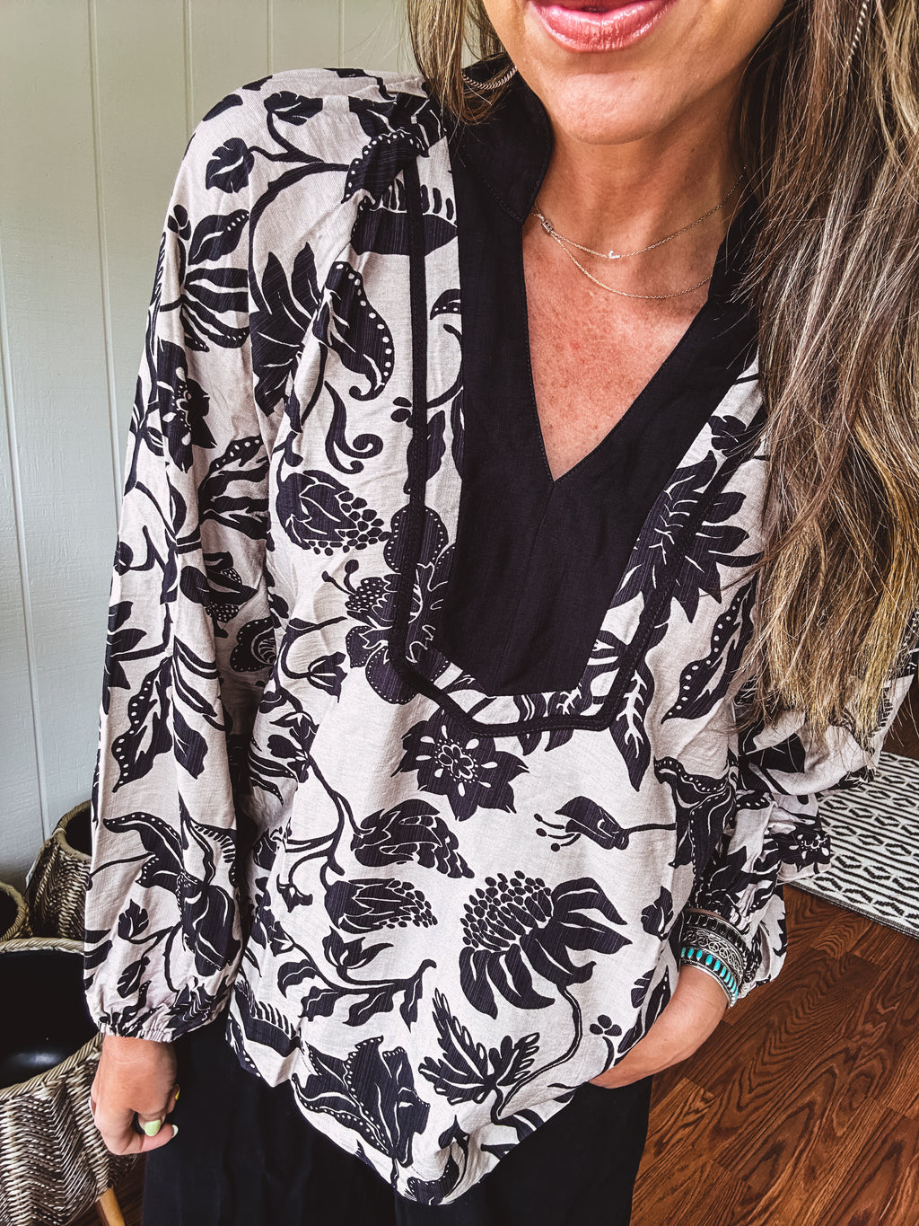 Black & Taupe Floral Blouse with Yoke Trim