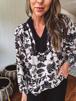 Black & Taupe Floral Blouse with Yoke Trim
