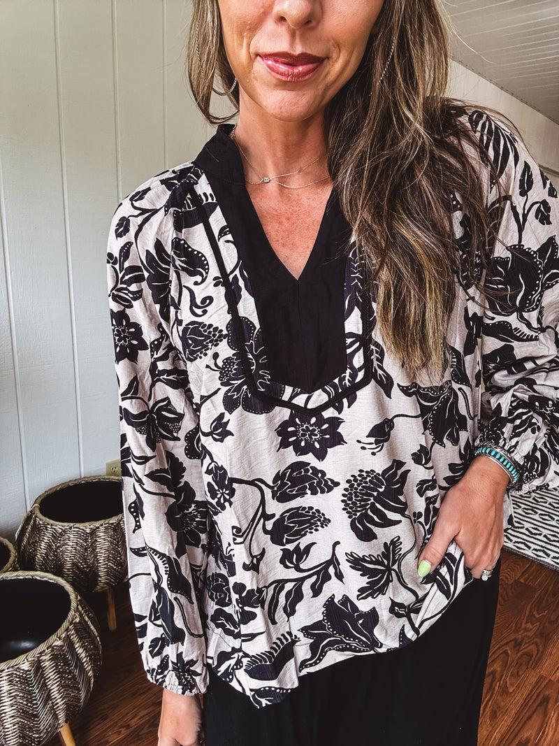 Black & Taupe Floral Blouse with Yoke Trim