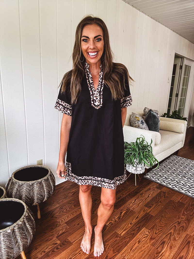 Black Leo Trim A Line Dress