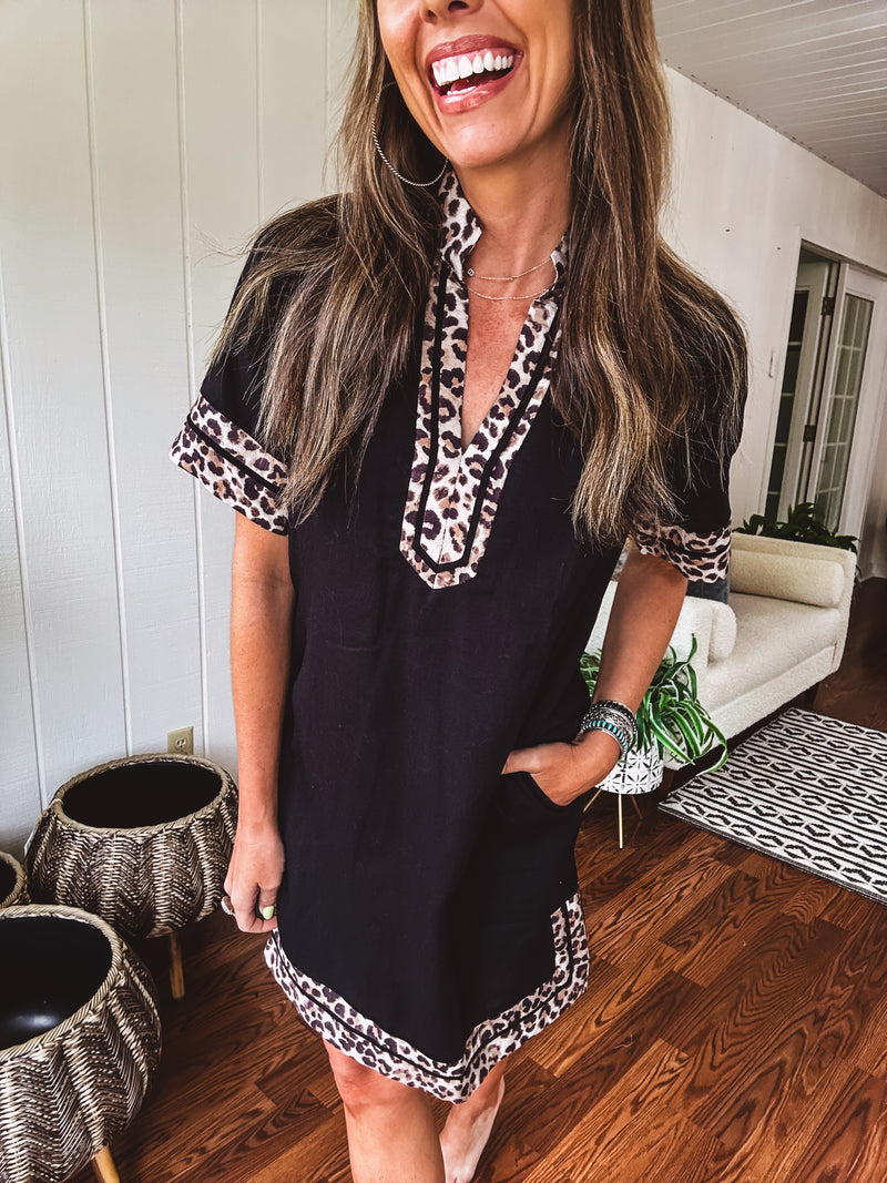 Black Leo Trim A Line Dress