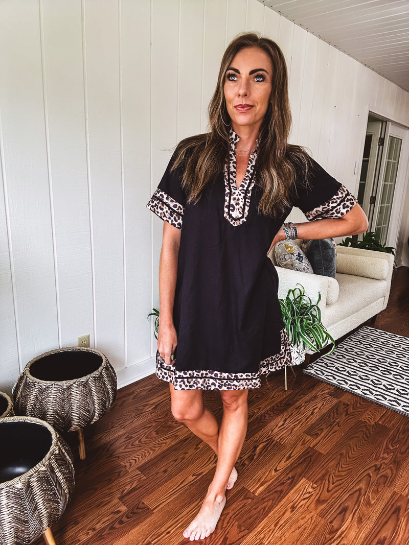 Black Leo Trim A Line Dress