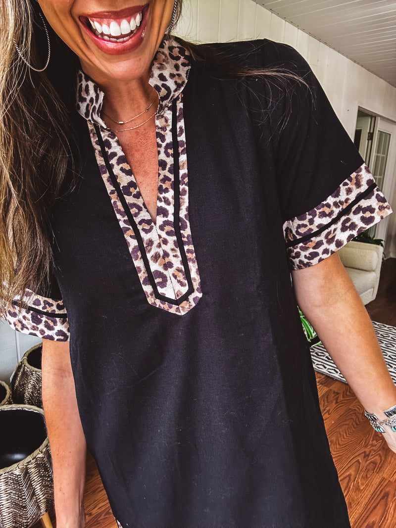 Black Leo Trim A Line Dress