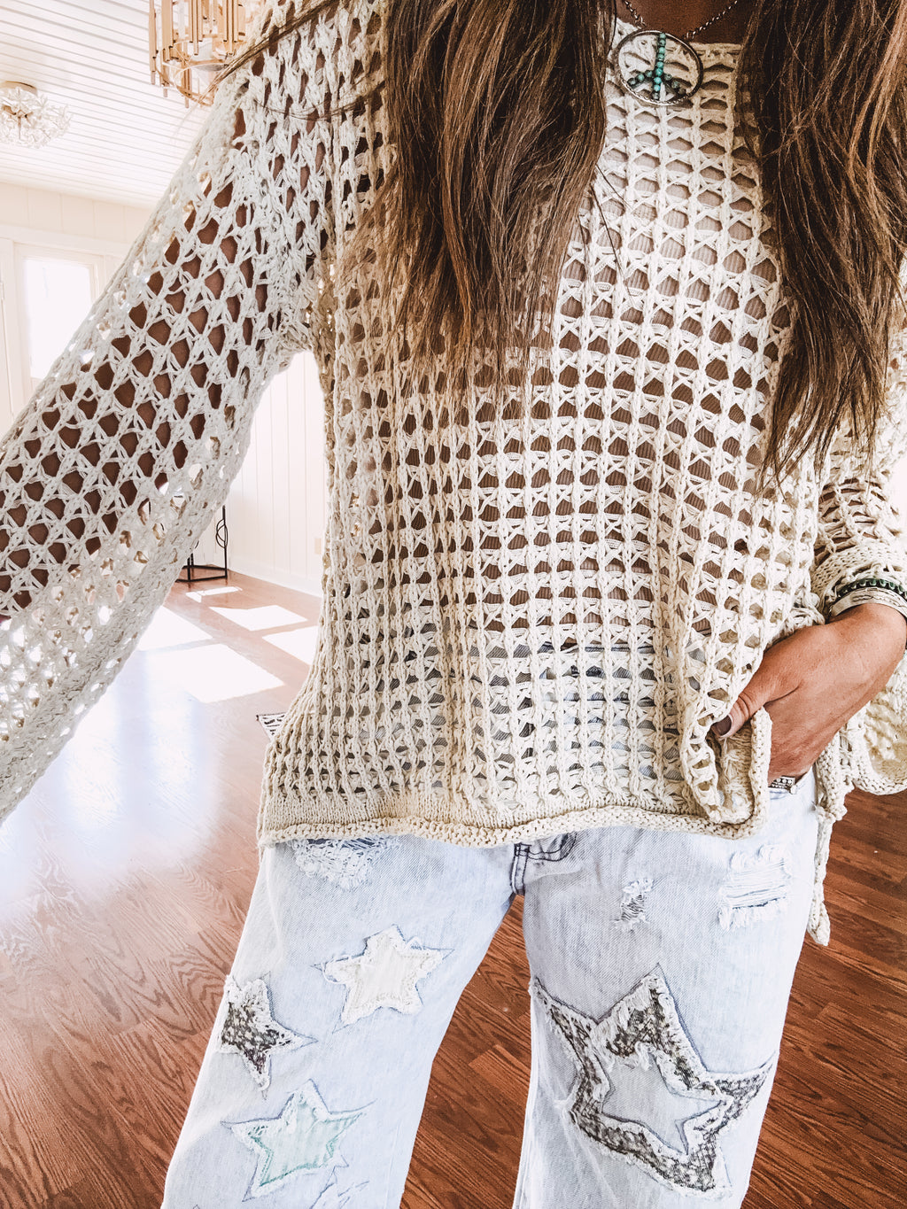 Open Weave Crochet Drop Shoulder Top