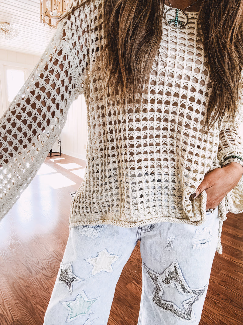 Open Weave Crochet Drop Shoulder Top