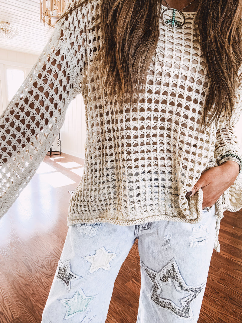Open Weave Crochet Drop Shoulder Top